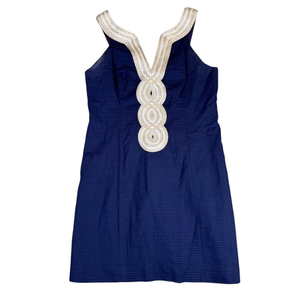 Lilly Pulitzer Navy Blue Seersucker Soutache Metallic Shift Dress Size 10